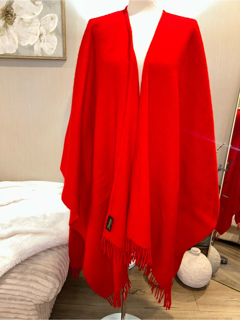 Johnstons of Elgin Cashmere Wool Cape Poncho Red Fringed Made in Scotland